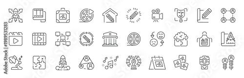 Multimedia and entertainment outline icon set: thin line, editable stroke style for media and arts