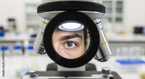 Scientist's eye in microscope eyepiece observing research