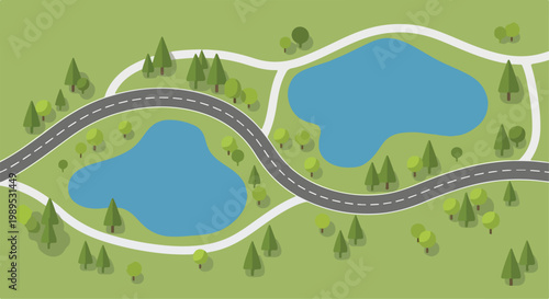 Top-down view of a green park with two blue lakes, winding roads, and trees