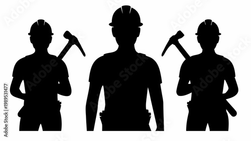 Three construction workers silhouettes wearing protective safety helmets holding hammers standing against a clean white isolated background for industrial design