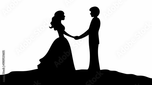 Elegant black silhouette of a loving couple holding hands standing together on a hillside representing romantic wedding vows and eternal partnership concept art
