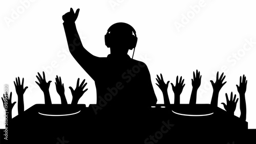 Energetic dj silhouette performing live music sets behind turntables with an enthusiastic crowd raising their hands at a vibrant nightclub concert event