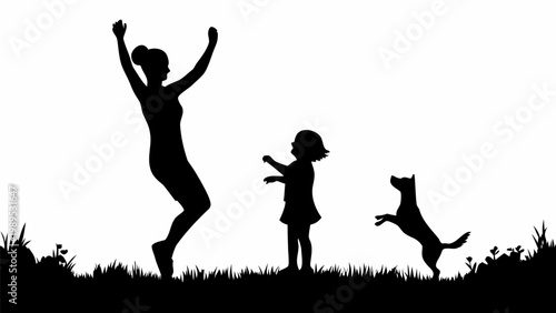 A joyful mother and her young daughter play with a happy jumping dog in a grassy field during a sunny day captured in a clean and minimalist black silhouette