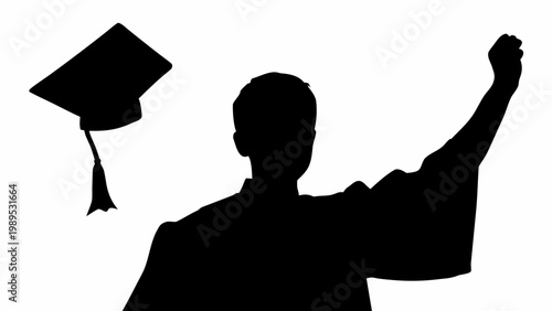 Silhouette of a triumphant graduate throwing a mortarboard cap into the air against a clean white background representing academic success and celebration