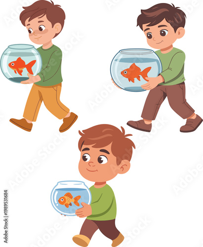 A young boy carefully carries a goldfish in a small round fishbowl