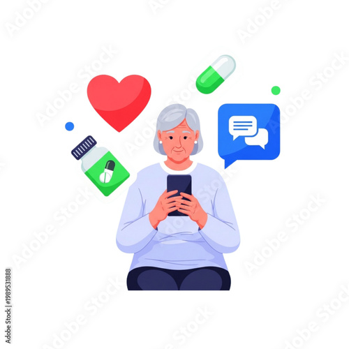 senior woman using smartphone health app medication reminder digital healthcare illustration