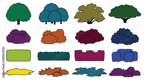 Collection of stylized trees and shrubs in various colors and shapes