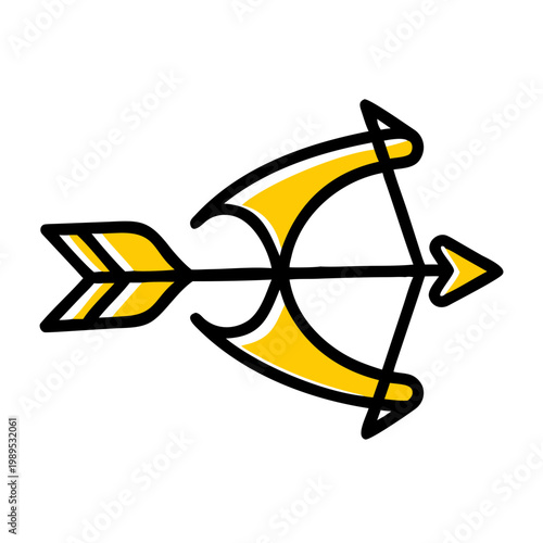Stylized archery bow with arrow pointing right in yellow and black bold comic illustration