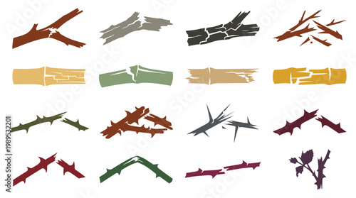 Collection of broken branches and thorns in flat graphic style with diverse color palette