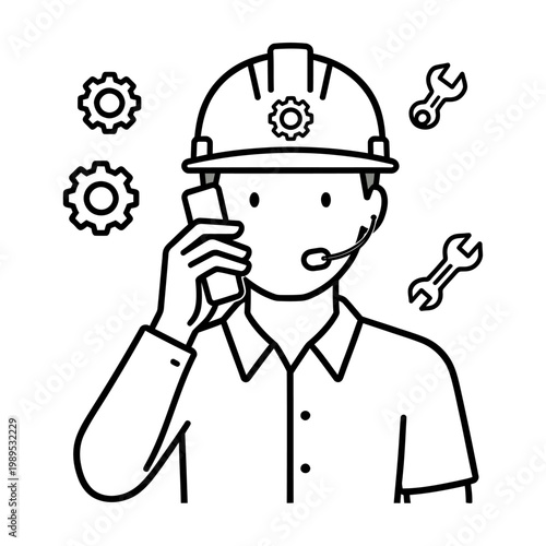 Construction worker on a call wearing a hard hat vector with tools around