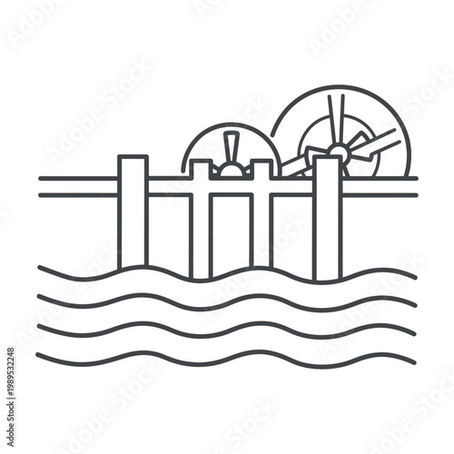 Vector of a hydroelectric power plant with turbines generating energy from flowing water