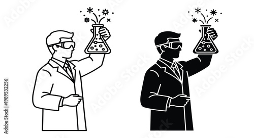 Scientist icon set with chemist holding laboratory flask, outline and solid style, white background