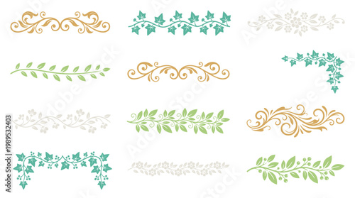 Elegant floral and vine decorative borders in gold green and white on a clean background