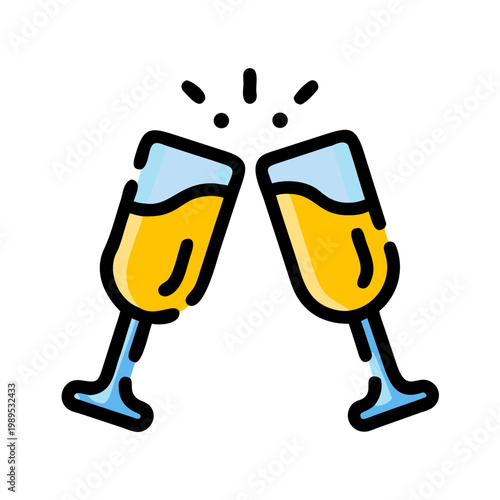 Two clinking champagne glasses with yellow liquid and blue accents, sparkling, vector illustration