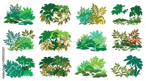 Collection of diverse green foliage bushes and shrubs in varied natural arrangements
