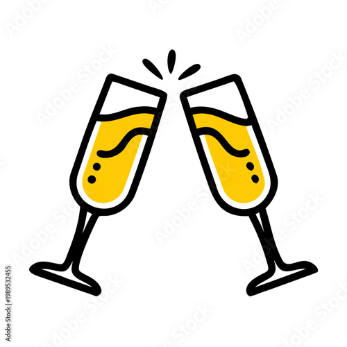 Two clinking champagne glasses with yellow liquid, simple celebratory toast, vector illustration