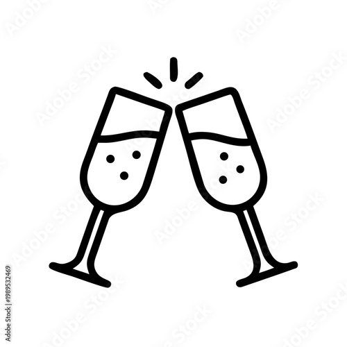 Two clinking champagne glasses in outline, simple celebratory toast, line vector illustration