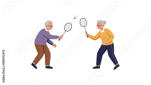 active senior couple playing badminton healthy elderly lifestyle fitness recreation illustration