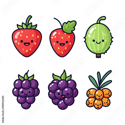 Cute Kawaii Fruit Characters: Strawberry, Gooseberry, Blackberry, Sea Buckthorn