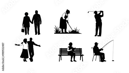senior lifestyle daily activities set elderly people routine walking resting fishing illustration collection