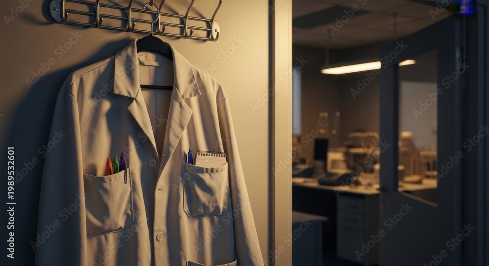 Fototapeta premium Scientist's Lab Coat Hanging on a Hook in a Lab