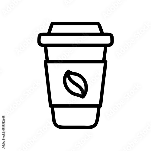 Outlined disposable coffee cup or tea cup icon with a coffee bean emblem