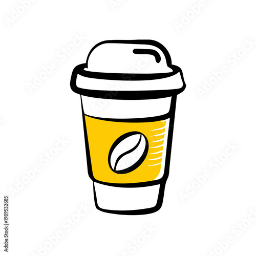 Colored illustration of a disposable coffee cup or tea cup with a coffee bean