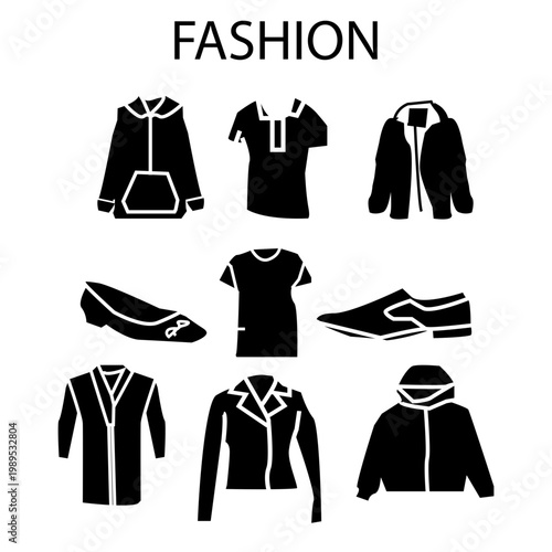 Fashion clothing icon set in flat style featuring hoodie jacket, polo shirt, blazer, high heels, t-shirt, sneakers, suit jacket, collared shirt, and hooded sweatshirt. representative fashion theme.