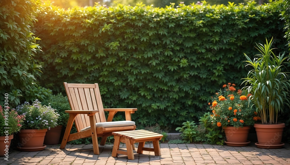 Obraz premium Wooden chair with footrest sits on brick patio near green hedge and potted plants. Sunlight shines on garden furniture. Peaceful outdoor seating.