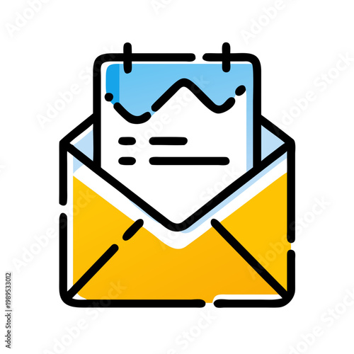 Open envelope with document inside showing charts and graphs ready for mailing