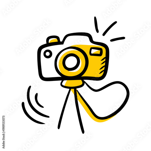 Doodle camera on tripod with wavy lines and radiating light effect, creative photography