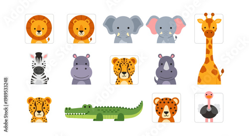 Colorful cartoon illustrations of various african animals in square frames