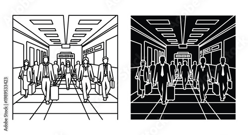 Airport terminal icon set with travelers and luggage, outline and solid style, white background