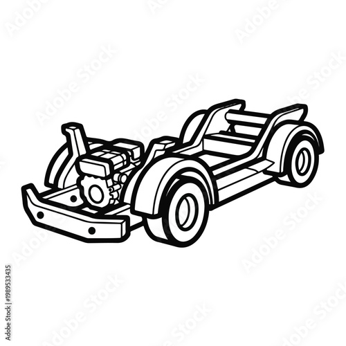 Vintage roadster car with an exposed engine on a white background