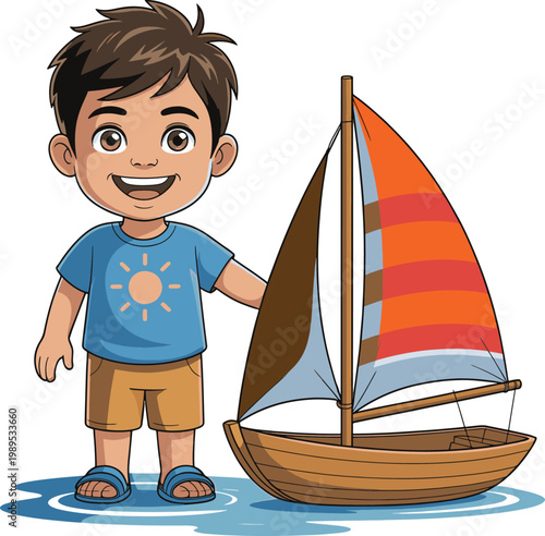 A smiling cartoon boy proudly displays his miniature sailboat on a watery surface.