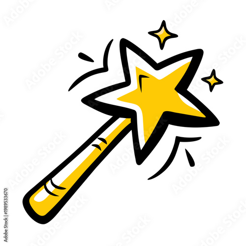 Hand drawn magic wand with big yellow star and sparkles vector illustration for children art