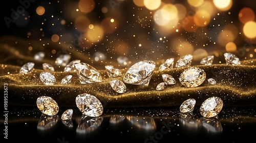 A dazzling display of glittering diamonds and gemstones on a dark reflective surface evoking luxury and wealth