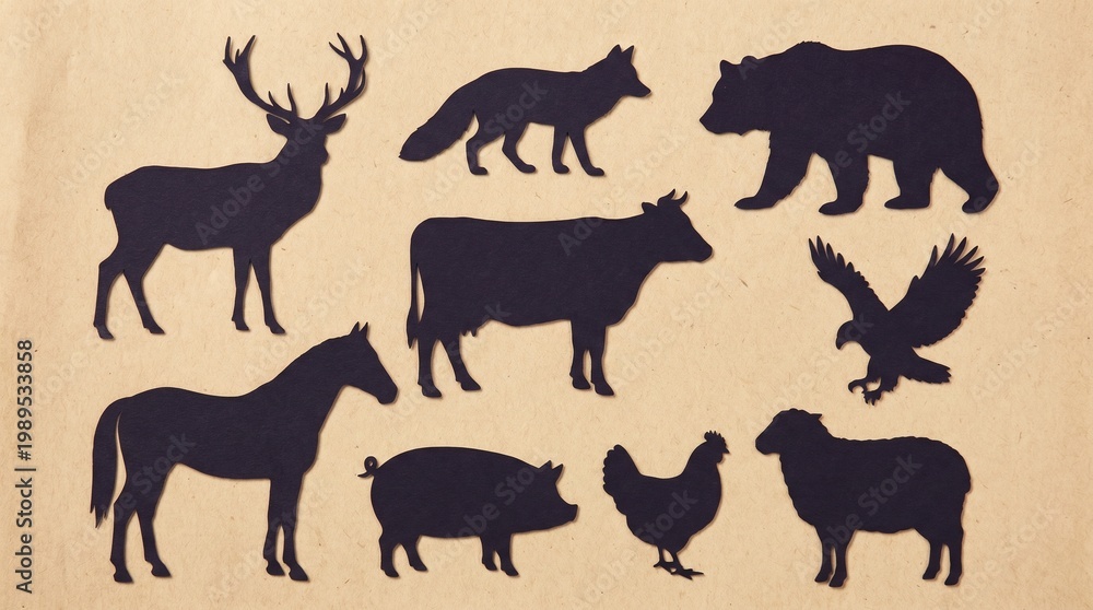 Fototapeta premium Minimalist animal icons, diverse wildlife silhouettes, modular vector outlines, transparent background, scalable design, batch‑ready asset library, adaptable stylistic variations.