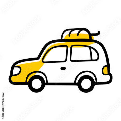 Hand-drawn style illustration of a taxi cab with black outlines and vibrant yellow accents