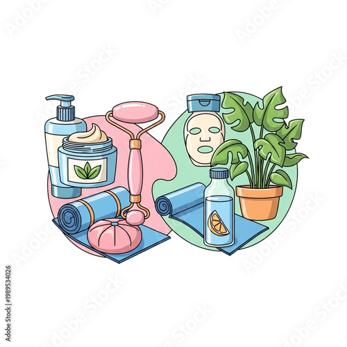 Skincare products and beauty tools for self care routine.