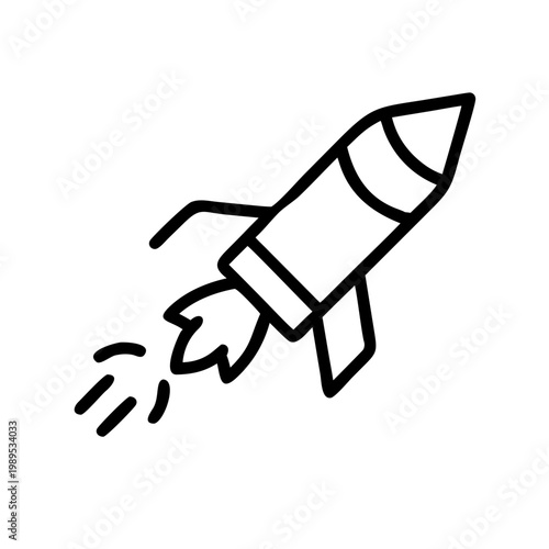 Simple line art rocket in motion, emitting smoke trail, symbolizing space flight