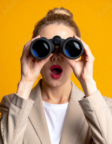 A woman in a business suit is holding binoculars up to her eyes with a surprised expression, against a vibrant yellow background