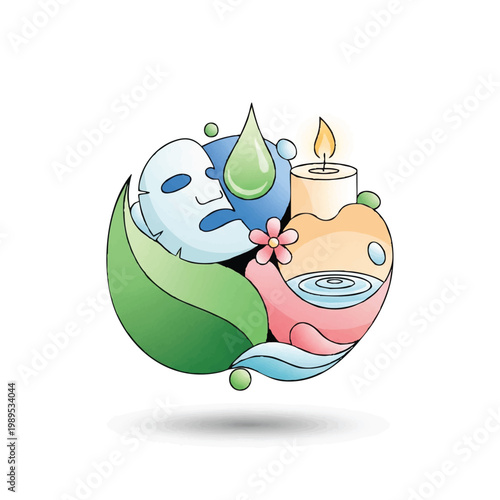 Spa and beauty treatment elements with face mask and candle.