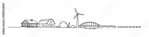 Minimal countryside outline panorama with farmhouse, barn, wind turbine and arched bridge for background, banner, poster and web design