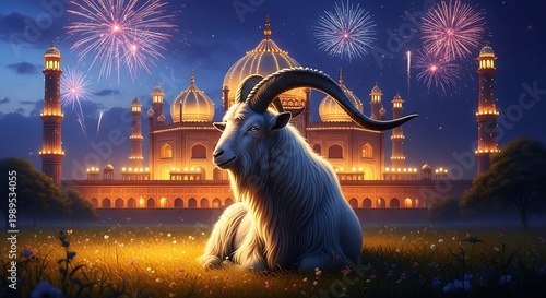 goat sitting in front of illuminated mosque with fireworks