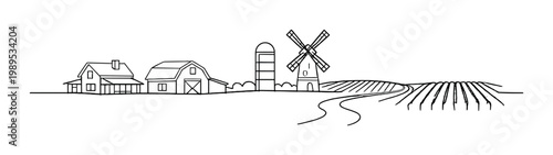Minimal rural farm line drawing landscape with farmhouse barn silo windmill plowed fields and curved road for design card poster background