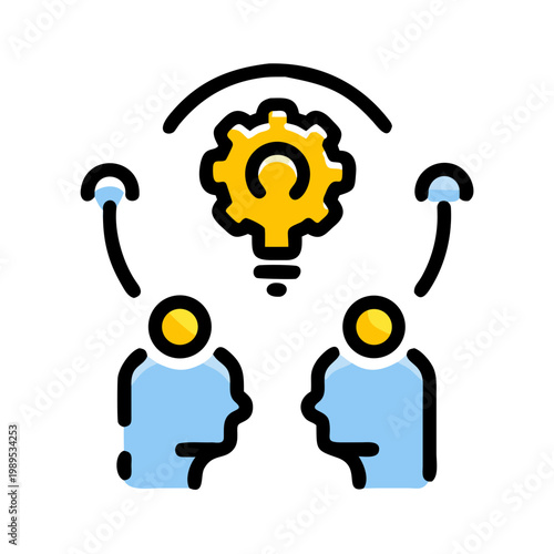 Industrial process optimization icon featuring gear within lightbulb and silhouette profiles