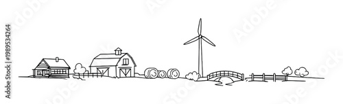Country farm line drawing landscape with barn farmhouse hay bales wind turbine bridge and fence for design card poster background