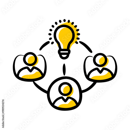 Professional knowledge sharing icon depicting people connected to central light bulb symbol