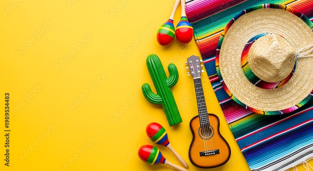 Obraz premium Festive cinco de mayo celebration mexican decorations sombrero and traditional instruments